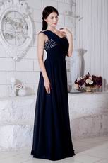 Affordable One Shoulder Navy Blue Chiffon La Femme Prom Dress