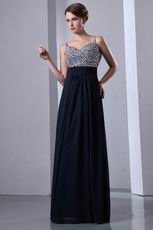 Beaded Spaghetti Straps Upper Party Navy Blue Evening Dress