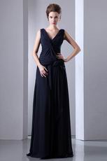 V Neck Criss Cross Navy Blue Chiffon Evening Dress