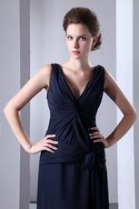 V Neck Criss Cross Navy Blue Chiffon Evening Dress