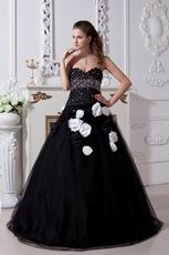 Sweetheart Balck Ball Gown Prom Dresses With White Flowers