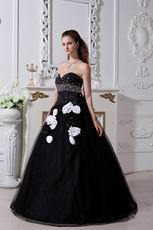 Sweetheart Balck Ball Gown Prom Dresses With White Flowers