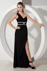 Noble One Shoulder High Split Black Chiffon Evening Dress