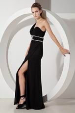 Noble One Shoulder High Split Black Chiffon Evening Dress