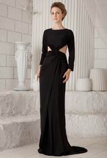 Scoop Long Sleeves Backless Black Cache Prom Dresses With Split