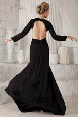 Scoop Long Sleeves Backless Black Cache Prom Dresses With Split