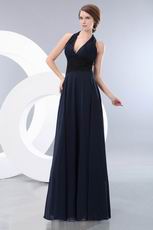 Halter V-Neck Long Navy Blue Chiffon Designer Prom Dress