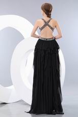 Deep V-Neck Exposed High Low Skirt Black Chiffon Prom Party Dress