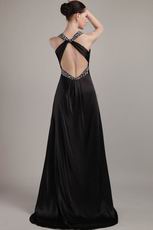 Sexy V-neck Cross Backless Long Black Chiffon Prom Dress With Split