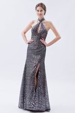 Glamorous Halter Sequin Front Split Silver Evening Dress