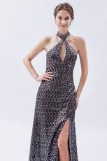 Glamorous Halter Sequin Front Split Silver Evening Dress