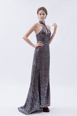 Glamorous Halter Sequin Front Split Silver Evening Dress