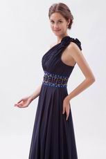 One Shoulder Flower Strap Black Chiffon Very Formal Dresses