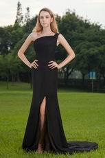 Column One Shoulder Black Prom Dress With High Split