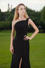 Column One Shoulder Black Prom Dress With High Split