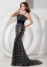 Spaghetti Straps Black Sequin Mermaid Evening Dress