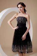 Strapless Tea-length Flaring Black Organza Short Prom Dress