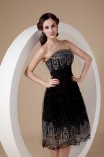 Strapless Tea-length Flaring Black Organza Short Prom Dress
