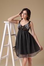 Beaded Straps Black Organza Short Prom Dress For Maternity Women