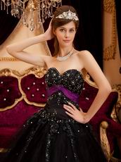 Black Tulle Appliqued Quinceanera Dress With Purple Emberllish