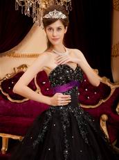 Black Tulle Appliqued Quinceanera Dress With Purple Emberllish