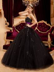 Black Tulle Appliqued Quinceanera Dress With Purple Emberllish