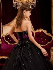 Black Tulle Appliqued Quinceanera Dress With Purple Emberllish