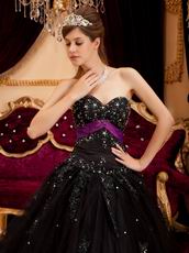 Black Tulle Appliqued Quinceanera Dress With Purple Emberllish