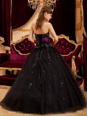 Black Tulle Appliqued Quinceanera Dress With Purple Emberllish