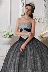 Silver Black Sequined Fabric Prom Quinceanera Dance Dress