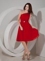 One Shoulder Wine Red Chiffon Bridesmaid Dress 2014