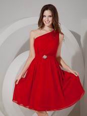 One Shoulder Wine Red Chiffon Bridesmaid Dress 2014