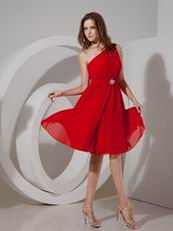 One Shoulder Wine Red Chiffon Bridesmaid Dress 2014