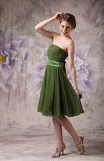 Strapless Olive Green Beach Bridesmaid Dress With Sash