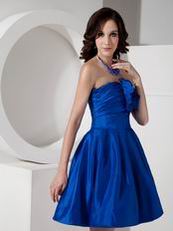 Handmade Flower Decorate Cobalt Blue Short Bridesmaid Dress