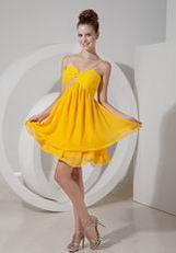 One Shoulder Bright Yellow Chiffon Short Two Layers Bridesmaid Dress