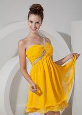 One Shoulder Bright Yellow Chiffon Short Two Layers Bridesmaid Dress