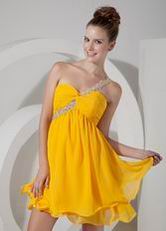 One Shoulder Bright Yellow Chiffon Short Two Layers Bridesmaid Dress