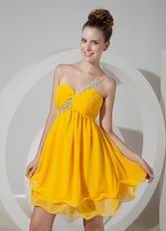 One Shoulder Bright Yellow Chiffon Short Two Layers Bridesmaid Dress