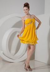 One Shoulder Bright Yellow Chiffon Short Two Layers Bridesmaid Dress