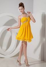 One Shoulder Bright Yellow Chiffon Short Two Layers Bridesmaid Dress