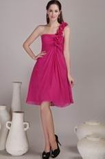 Deep Rose One Shoulder With Hand Flowers Bridesmaid Dress