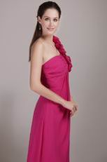 Deep Rose One Shoulder With Hand Flowers Bridesmaid Dress