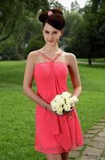 Simple V Hot Pink Chiffon Short Bridesmaid Dress