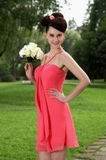 Simple V Hot Pink Chiffon Short Bridesmaid Dress