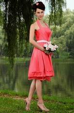 Pretty Halter Pink Bridesmaid Dress With Ribbon On Sale