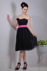 Black Short Chiffon Fall Bridesmaid Dress With Pink Sash