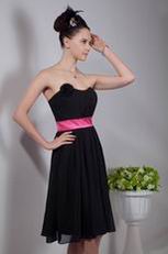 Black Short Chiffon Fall Bridesmaid Dress With Pink Sash