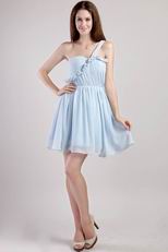 One Shoulder Light Blue Mini-length Bridesmaid Dress