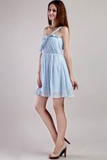 One Shoulder Light Blue Mini-length Bridesmaid Dress